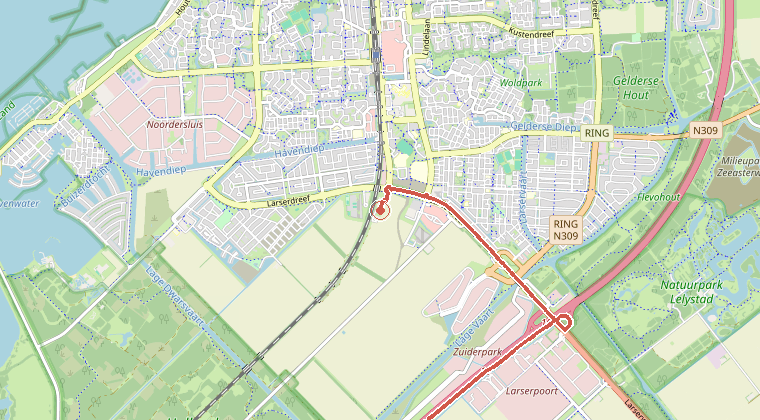Kaart van de omgeving van de melding, met de kazerne die is gealarmeerd