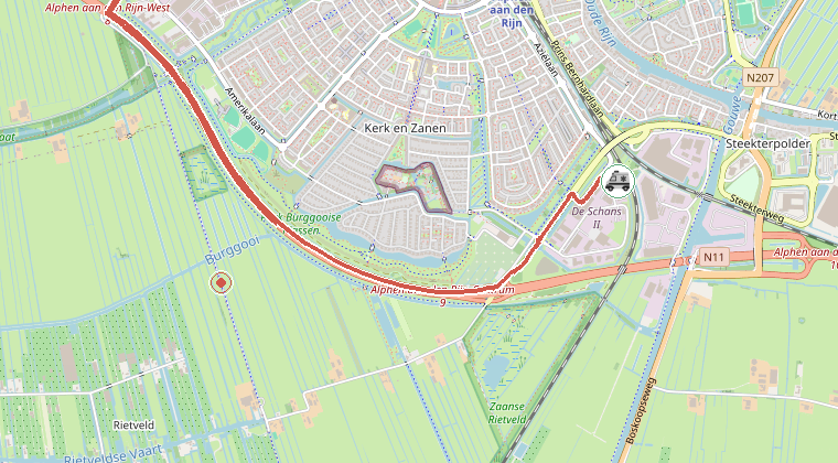 Kaart van de omgeving van de melding, met de kazerne die is gealarmeerd
