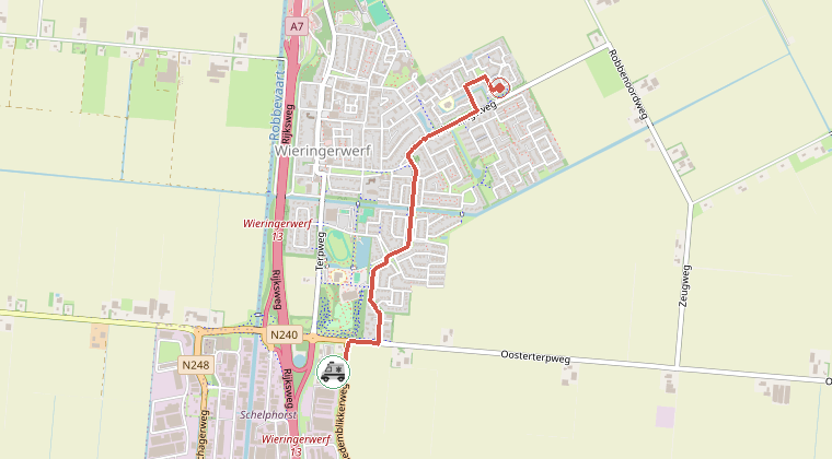 Kaart van de omgeving van de melding, met de kazerne die is gealarmeerd