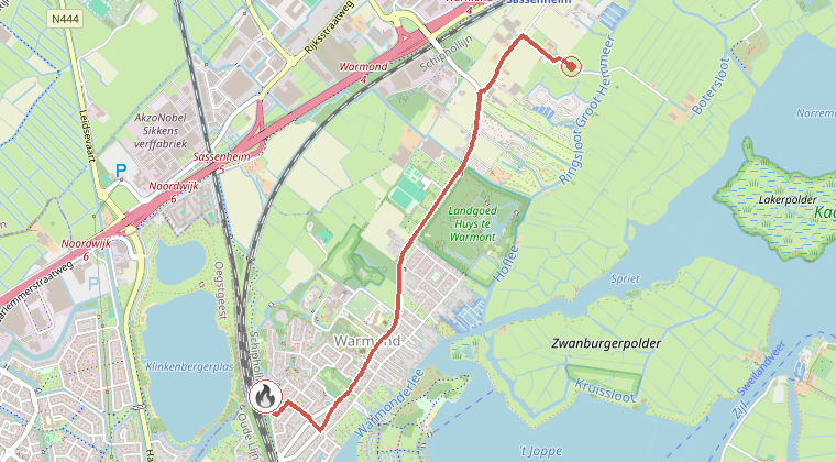 Kaart van de omgeving van de melding, met de kazerne die is gealarmeerd