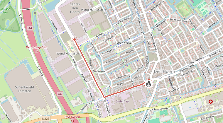 Kaart van de omgeving van de melding, met de kazerne die is gealarmeerd