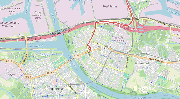 Kaart van de omgeving van de melding, met de kazerne die is gealarmeerd