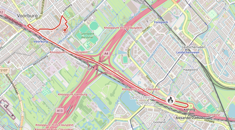 Kaart van de omgeving van de melding, met de kazerne die is gealarmeerd