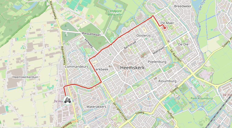 Kaart van de omgeving van de melding, met de kazerne die is gealarmeerd