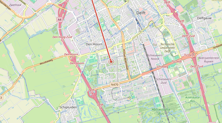 Kaart van de omgeving van de melding, met de kazerne die is gealarmeerd