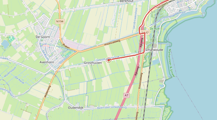 Kaart van de omgeving van de melding, met de kazerne die is gealarmeerd