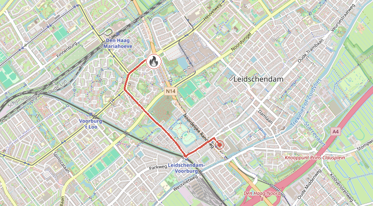 Kaart van de omgeving van de melding, met de kazerne die is gealarmeerd