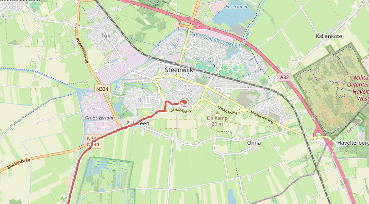 Kaart van de omgeving van de melding, met de kazerne die is gealarmeerd
