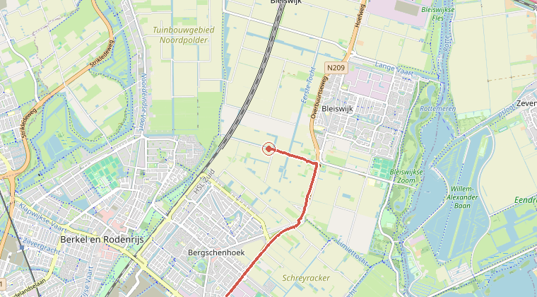 Kaart van de omgeving van de melding, met de kazerne die is gealarmeerd