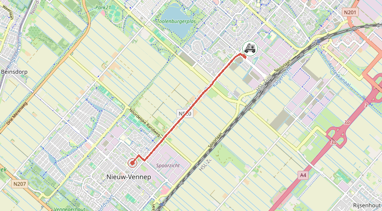 Kaart van de omgeving van de melding, met de kazerne die is gealarmeerd