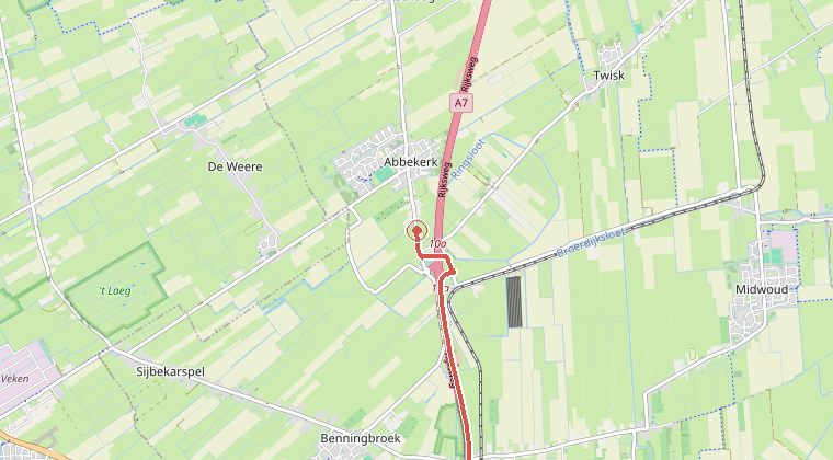 Kaart van de omgeving van de melding, met de kazerne die is gealarmeerd