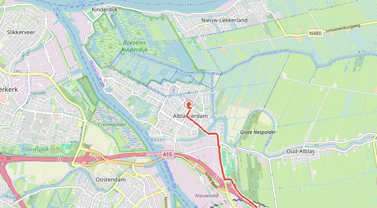 Kaart van de omgeving van de melding, met de kazerne die is gealarmeerd