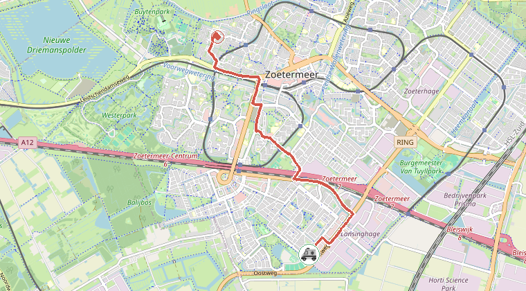 Kaart van de omgeving van de melding, met de kazerne die is gealarmeerd