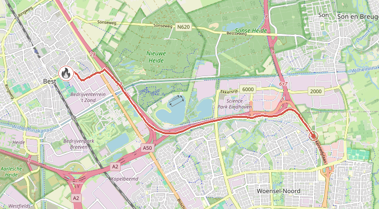 Kaart van de omgeving van de melding, met de kazerne die is gealarmeerd