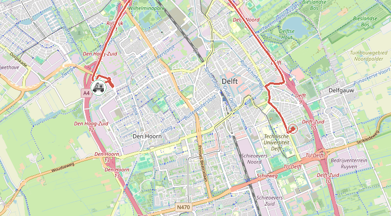 Kaart van de omgeving van de melding, met de kazerne die is gealarmeerd