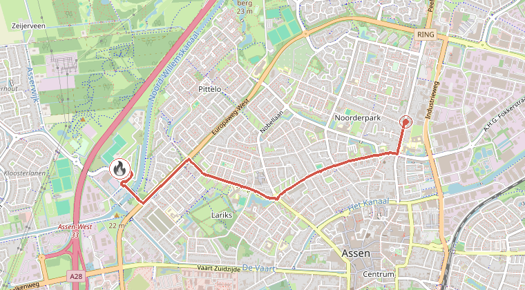 Kaart van de omgeving van de melding, met de kazerne die is gealarmeerd