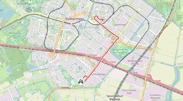 Kaart van de omgeving van de melding, met de kazerne die is gealarmeerd