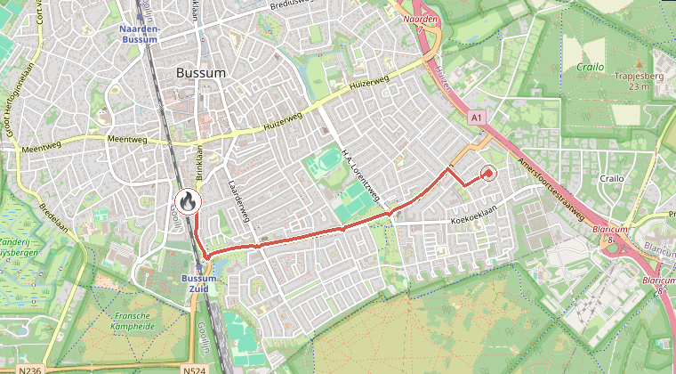 Kaart van de omgeving van de melding, met de kazerne die is gealarmeerd