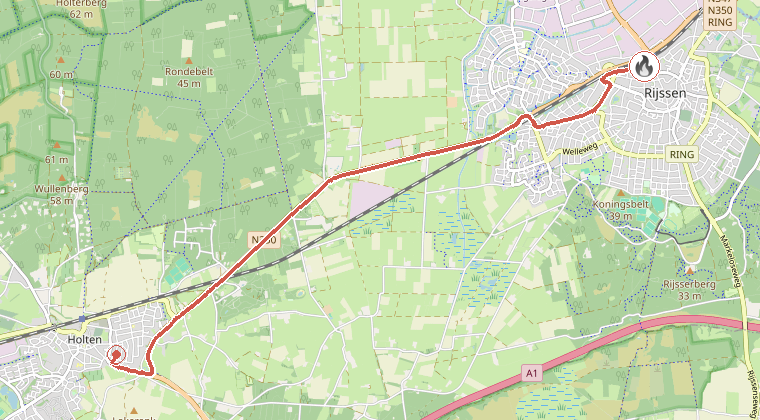 Kaart van de omgeving van de melding, met de kazerne die is gealarmeerd