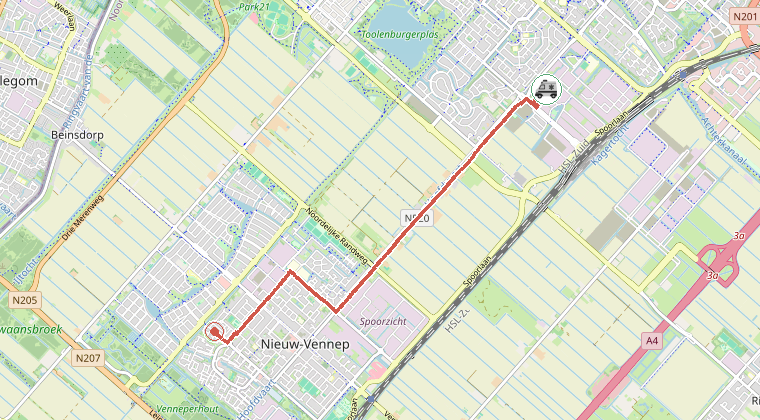 Kaart van de omgeving van de melding, met de kazerne die is gealarmeerd