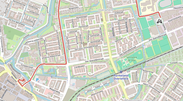 Kaart van de omgeving van de melding, met de kazerne die is gealarmeerd