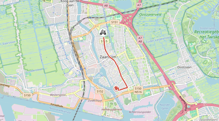 Kaart van de omgeving van de melding, met de kazerne die is gealarmeerd