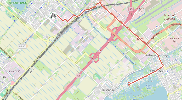 Kaart van de omgeving van de melding, met de kazerne die is gealarmeerd