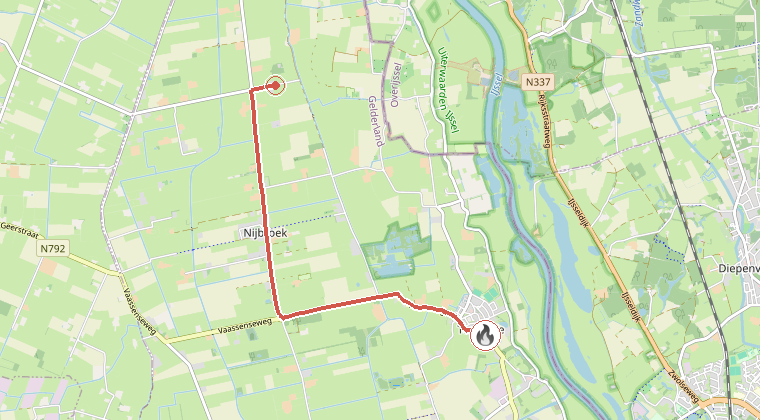 Kaart van de omgeving van de melding, met de kazerne die is gealarmeerd