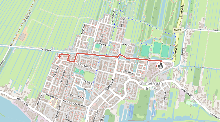 Kaart van de omgeving van de melding, met de kazerne die is gealarmeerd