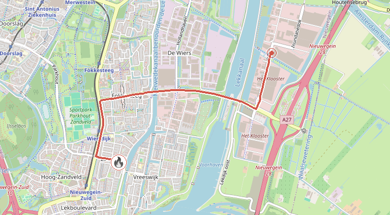 Kaart van de omgeving van de melding, met de kazerne die is gealarmeerd