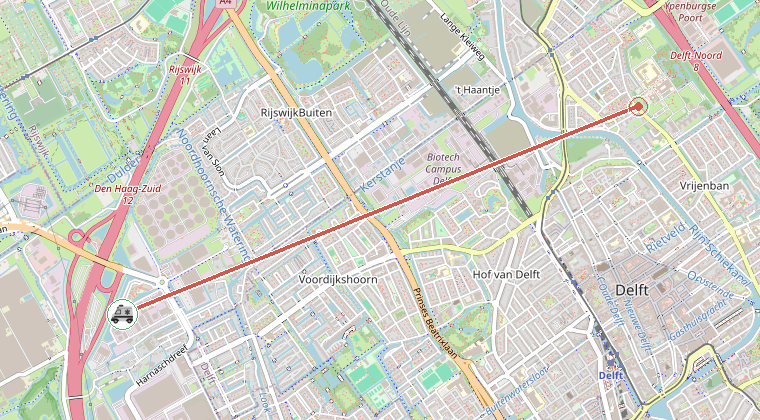 Kaart van de omgeving van de melding, met de kazerne die is gealarmeerd