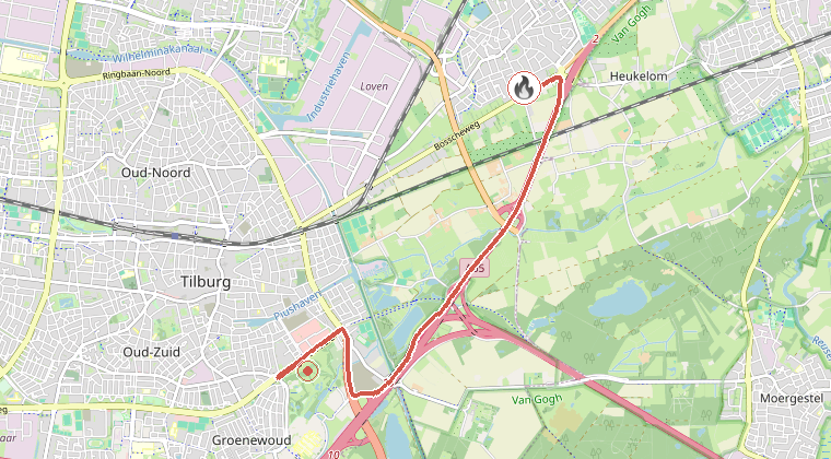 Kaart van de omgeving van de melding, met de kazerne die is gealarmeerd