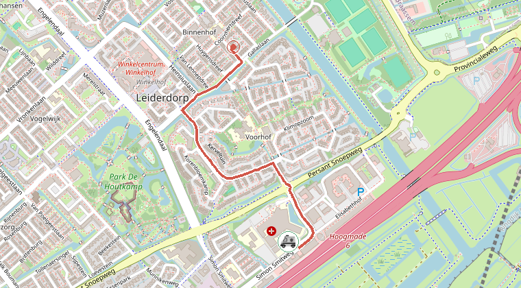 Kaart van de omgeving van de melding, met de kazerne die is gealarmeerd