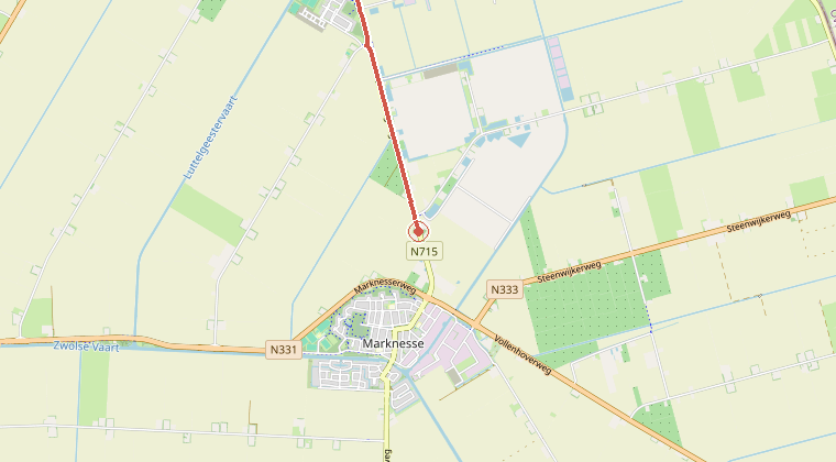Kaart van de omgeving van de melding, met de kazerne die is gealarmeerd