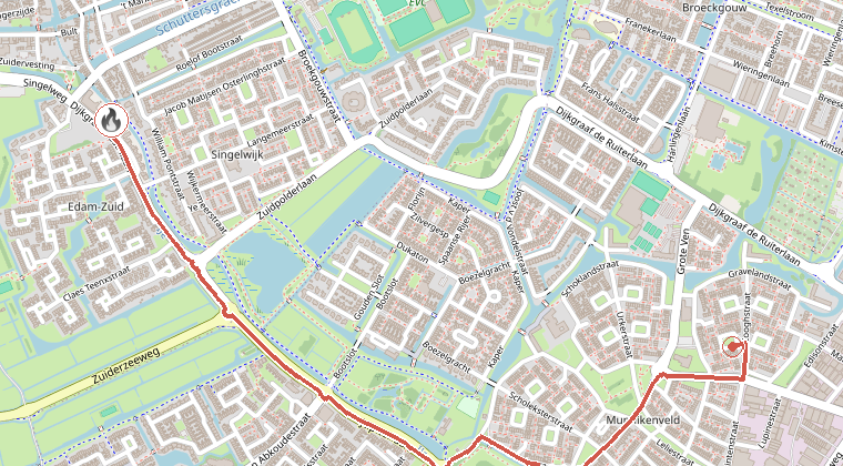 Kaart van de omgeving van de melding, met de kazerne die is gealarmeerd