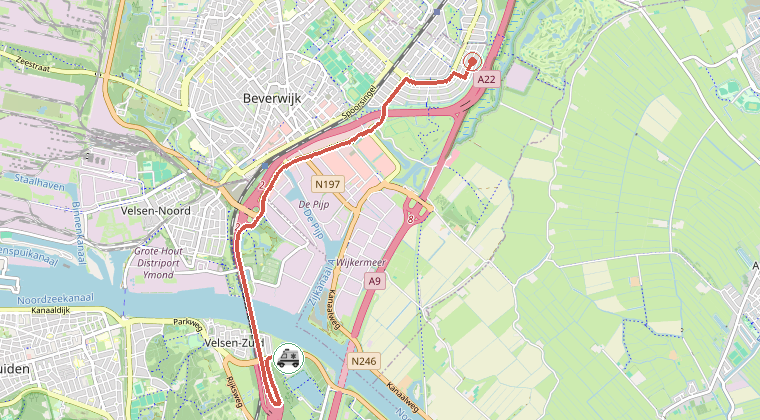 Kaart van de omgeving van de melding, met de kazerne die is gealarmeerd
