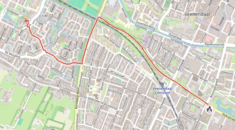 Kaart van de omgeving van de melding, met de kazerne die is gealarmeerd