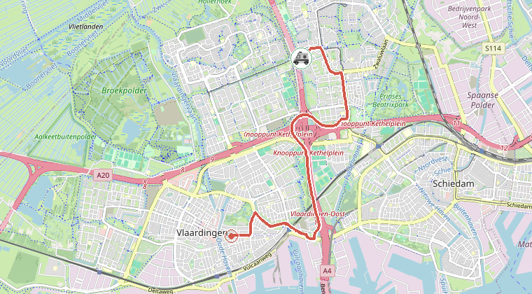 Kaart van de omgeving van de melding, met de kazerne die is gealarmeerd