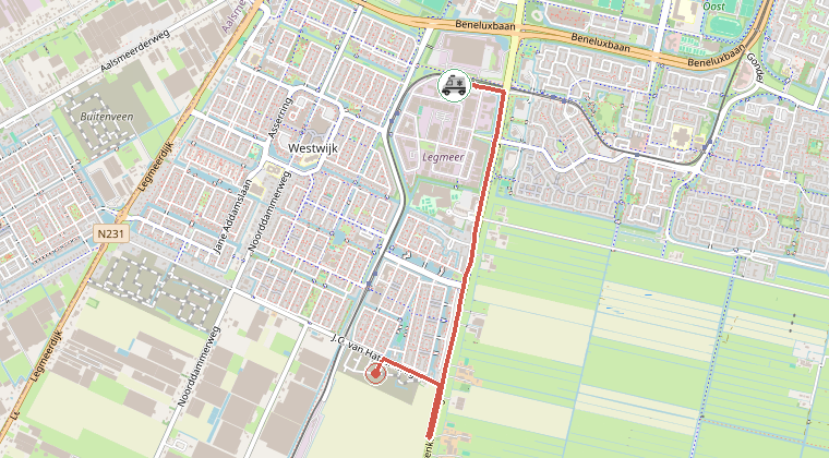 Kaart van de omgeving van de melding, met de kazerne die is gealarmeerd