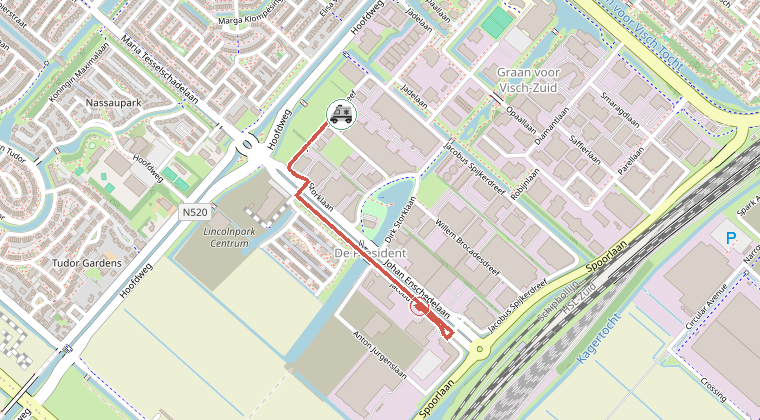 Kaart van de omgeving van de melding, met de kazerne die is gealarmeerd