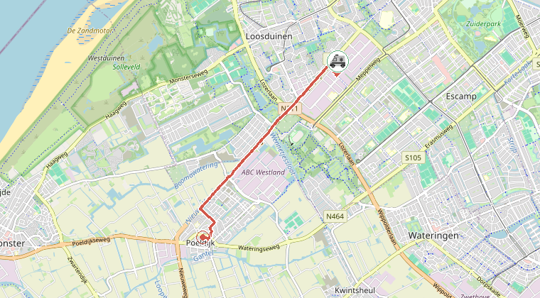 Kaart van de omgeving van de melding, met de kazerne die is gealarmeerd