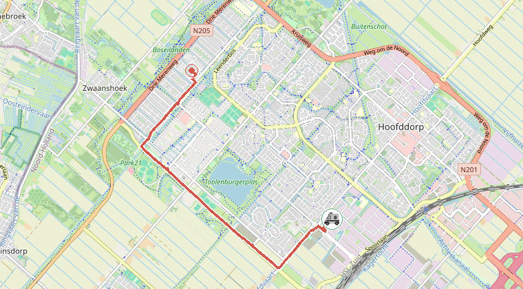 Kaart van de omgeving van de melding, met de kazerne die is gealarmeerd