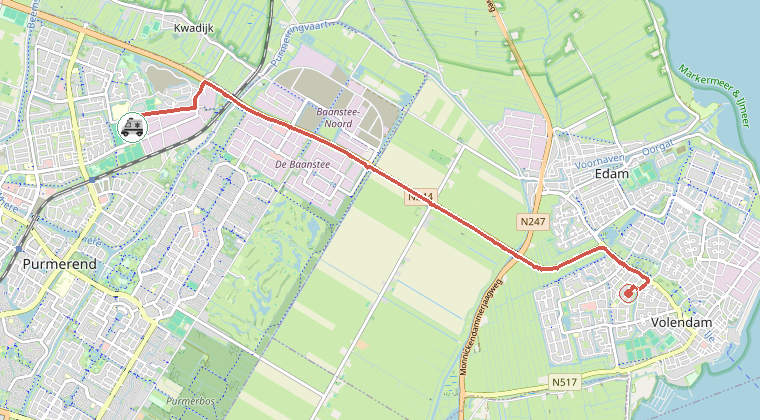 Kaart van de omgeving van de melding, met de kazerne die is gealarmeerd