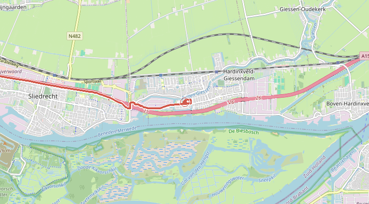 Kaart van de omgeving van de melding, met de kazerne die is gealarmeerd