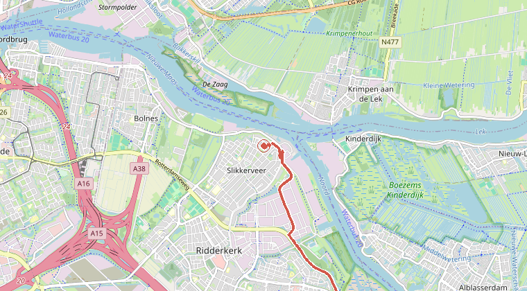 Kaart van de omgeving van de melding, met de kazerne die is gealarmeerd