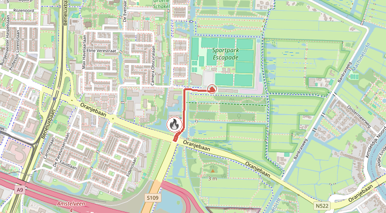 Kaart van de omgeving van de melding, met de kazerne die is gealarmeerd