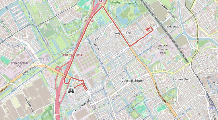 Kaart van de omgeving van de melding, met de kazerne die is gealarmeerd