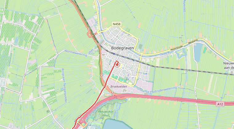 Kaart van de omgeving van de melding, met de kazerne die is gealarmeerd