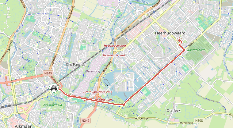 Kaart van de omgeving van de melding, met de kazerne die is gealarmeerd