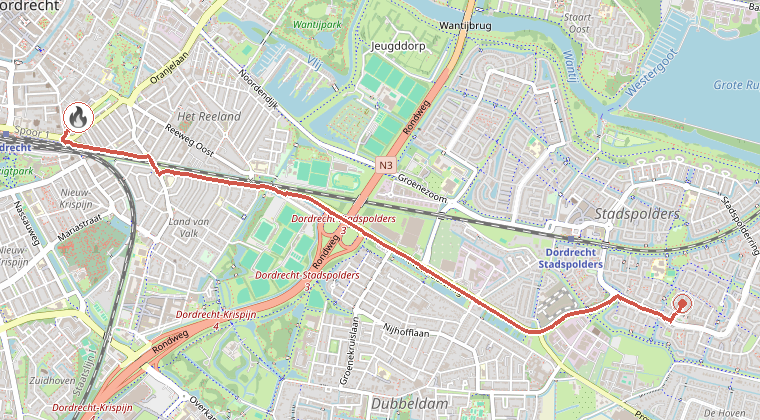 Kaart van de omgeving van de melding, met de kazerne die is gealarmeerd